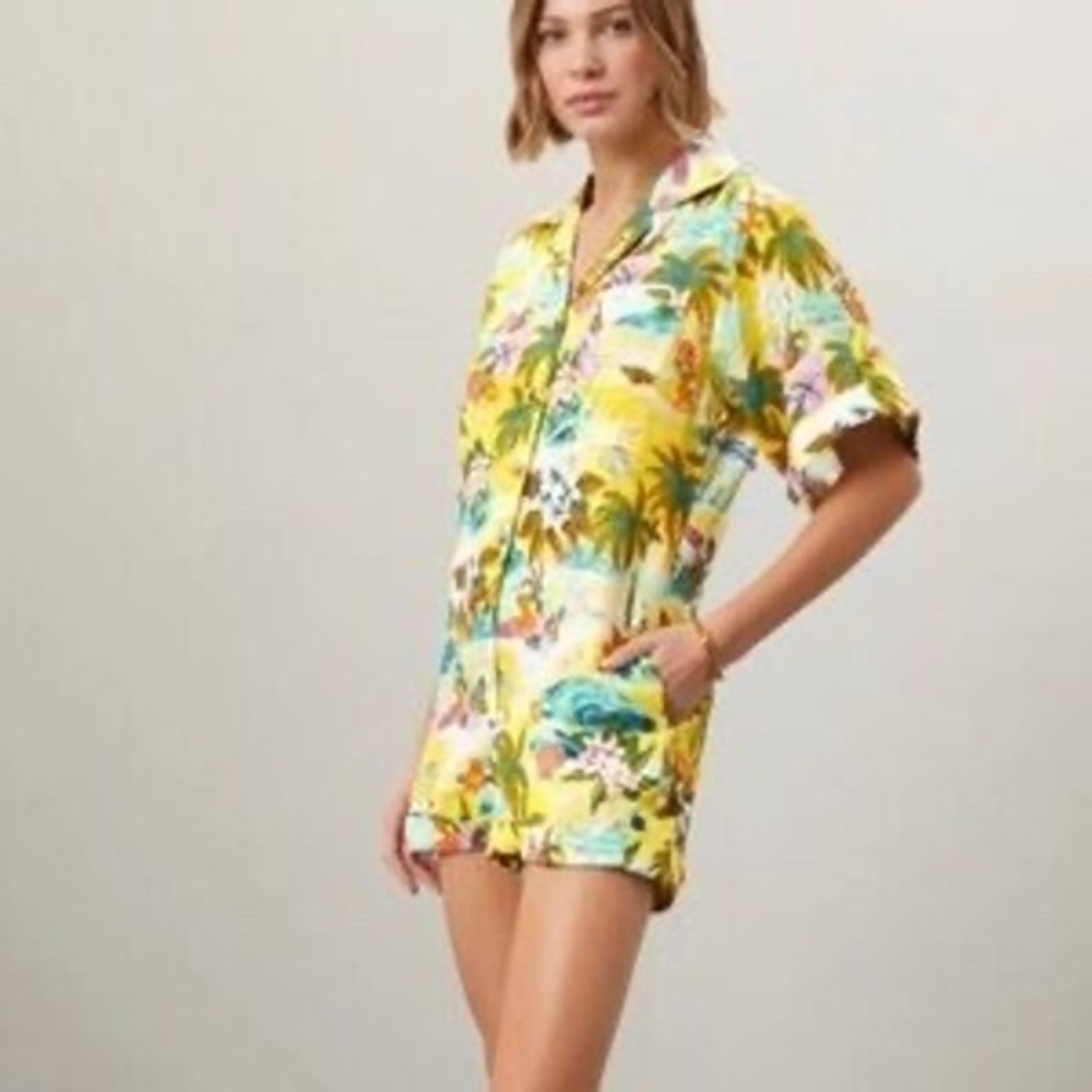 ALÉMAIS Holiday Playsuit Yellow Tropical Linen Romper Size US 2